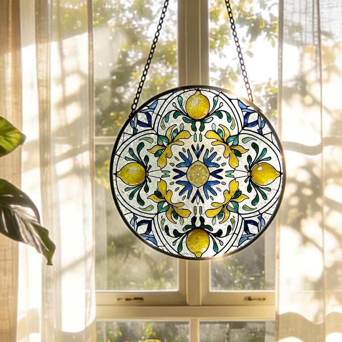 Italian Lemon Stained Glass Window Hanging, Blue and Yellow Mediterranean Lemon Suncatcher Indoor Window Glass Round Wall Art Decor, 7.9x7.9 Inch