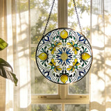 Italian Lemon Stained Glass Window Hanging, Blue and Yellow Mediterranean Lemon Suncatcher Indoor Window Glass Round Wall Art Decor, 7.9x7.9 Inch