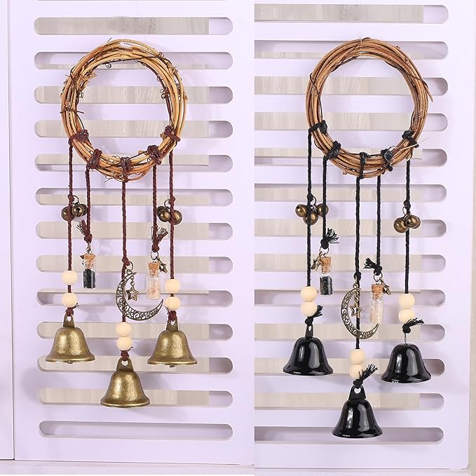 2 Pieces Witch Bells for Door Knob for Protection Hanging Bell Wind Chimes Handmade Decorative Bell for Boho Home Room Witchy Decor(Black Vintage)