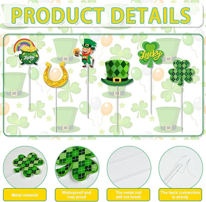 Cinrobiye 6 Pcs St Patrick’s Day Planter Stakes Metal Shamrock Garden Stakes Irish Table Centerpiece Lucky Clover Pot of Gold Leprechaun Decorations for Lawn Garden Farmhouse Decor