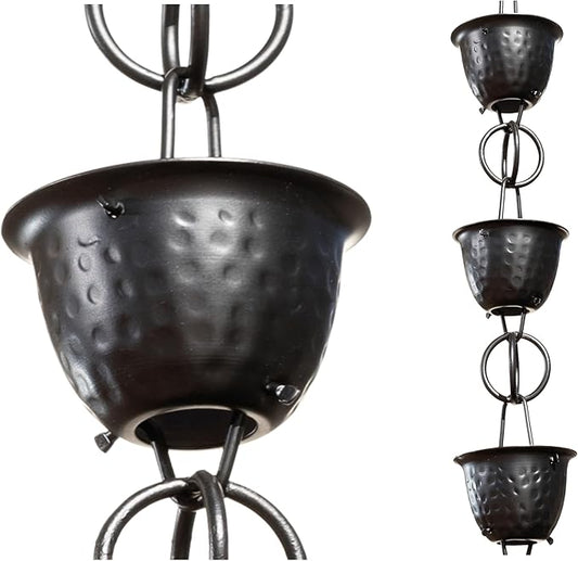Monarch Rain Chains Aluminum Hammered Cup Black Rain Chains for Gutters – 3 ft Extension Black Decorative Rainchain Outdoor Durable Heavy Duty Gutter Chain Downspout, Modern Rainchains for Outside