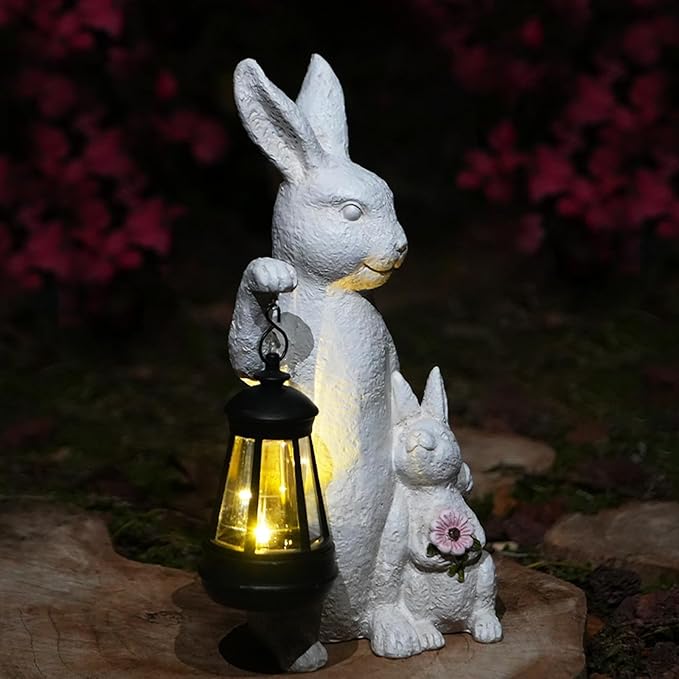 Solar Outdoor Statues Bunny Decor, Garden Sculptures with LED Lights Rabbit Figurines Decorations for Patio Yard Lawn Ornaments Balcony Gifts for Mother's Day Easter