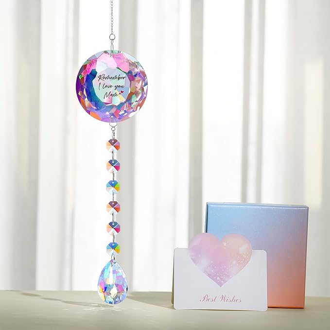 Remember I Love You Mom Gifts for Mothers Chriatmas Birthday, Perfect for Christmas Mothers Day to Mom from Daughter Son, Window Decor Crystal Suncatcher for Moms Office Bedroom Living Room Garden