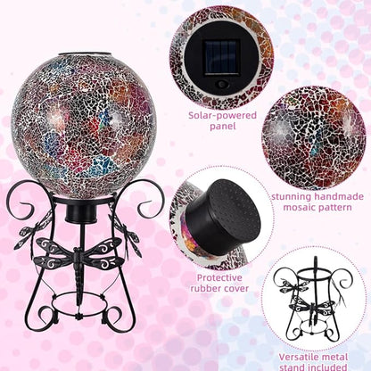 Stargarden Solar Gazing Ball, 10" Mosaic Gazing Ball,Glass Gazing Globe with Metal Stand, Decorative Solar Globes for Patio, Lawn, Garden Decor(Red)