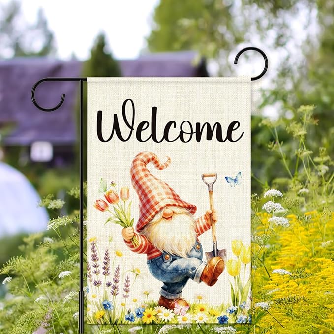 Gnome Spring Garden Flags for Outside,Welcome Spring Garden Flag Yard Lawn Porch Flags for Outdoor Decorations 12x18 Inch Double Sided