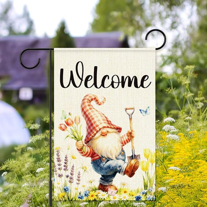 Gnome Spring Garden Flags for Outside,Welcome Spring Garden Flag Yard Lawn Porch Flags for Outdoor Decorations 12x18 Inch Double Sided