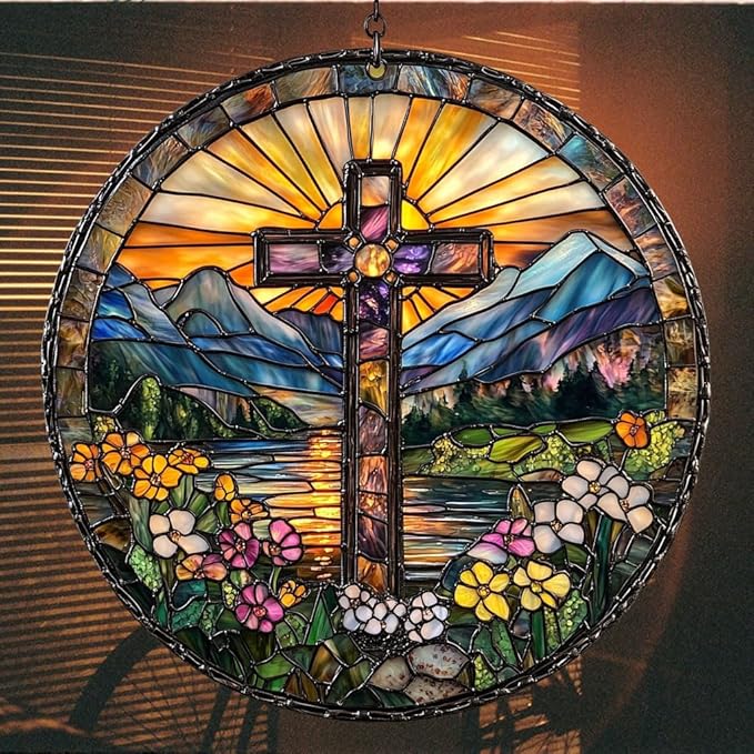 Floral Cross Acrylic Suncatcher Stained Glass Effect Window Car Hanging Christmas Ornament Indoor Outdoor Decor Garden Memorial Sun Catcher for Family Christmas Jesus Gift for Women Mom Grandma