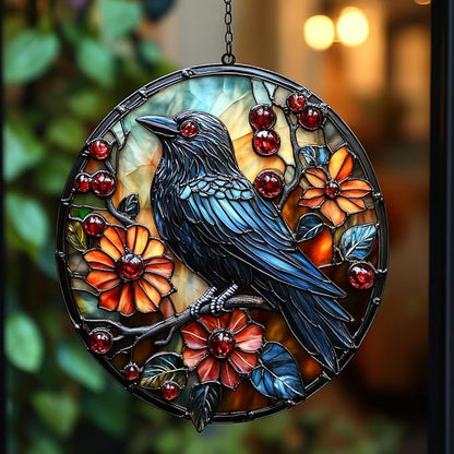 Raven Acrylic Suncatcher Stained Glass Effect Window Car Hanging Christmas Ornament Indoor Outdoor Decor Garden Sun Catcher Panel for Gothic Lover for Women Mom Grandma