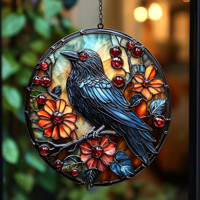 Raven Acrylic Suncatcher Stained Glass Effect Window Car Hanging Christmas Ornament Indoor Outdoor Decor Garden Sun Catcher Panel for Gothic Lover for Women Mom Grandma