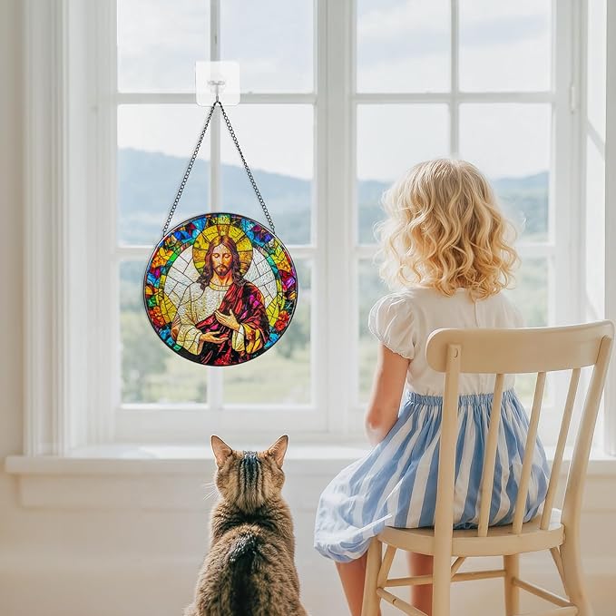 Suncatcher Stained Glass Window Hanging - Jesus Christ Glass Panel with Metal Chain and Hooks Handmade Sun Catcher Decoration for Window Garden Home Christmas & Birthday Gifts (6.3 Inch)