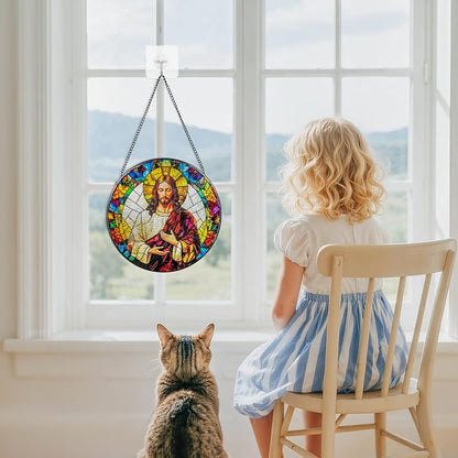 Suncatcher Stained Glass Window Hanging - Jesus Christ Glass Panel with Metal Chain and Hooks Handmade Sun Catcher Decoration for Window Garden Home Christmas & Birthday Gifts (6.3 Inch)