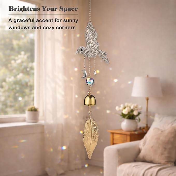 Hummingbird Crystal Suncatcher for Window Hanging, Rainbow Maker Prism Ornament with Hook, Sparkling Sun Catcher Decor for Home, Patio, Garden, Bird Lover Gift (Wind Chime)
