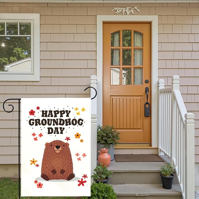 Happy Groundhog Day Garden Flag for Outdoor Spring Yard Flags Cute Groundhog Floral Banner Seasonal Welcome Banners Double Sided Weather Resistant Funny Animal Holiday Decor 12x18 Inch