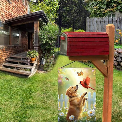 Spring Summer Golden Retriever Garden Flags 12x18 Double Sided, Small Burlap Seasonal Cardinal Floral Dog Garden Flag Spring Summer Outdoor Yard Decorations for Outside Lawn Décor