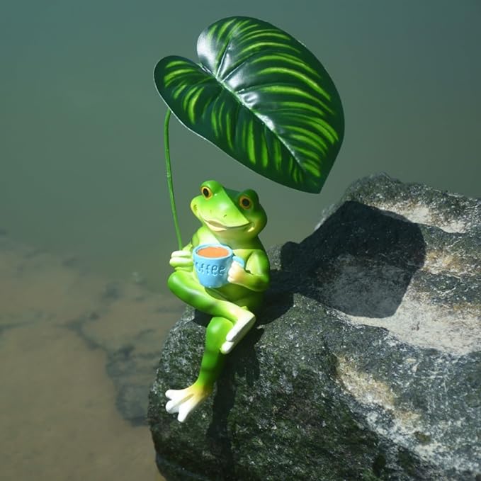 OwMell Frog Statue for Garden, Green Frog Figurine for Outdoor Decor Yard and Garden Decoration Resin Sculpture 6 Inches - Coffee & Leaf