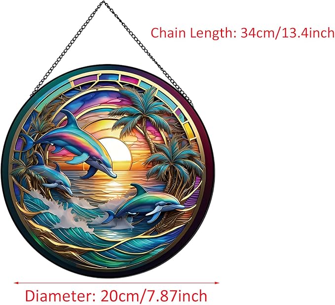 Dolphin Ocean Sunset Suncatcher Stained Glass,Hanging Stained Glass for Windows,20cm/7.87inch Sun Catcher Garden Hangings Ornaments Halloween Fall Christmas Decor for Home