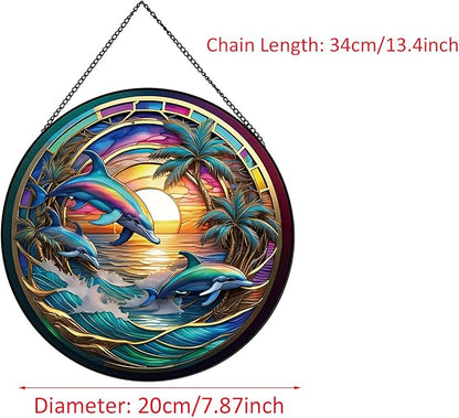 Dolphin Ocean Sunset Suncatcher Stained Glass,Hanging Stained Glass for Windows,20cm/7.87inch Sun Catcher Garden Hangings Ornaments Halloween Fall Christmas Decor for Home