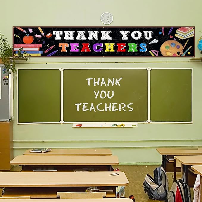 XIFAN Thank You Teachers Banner 98x19.2 Inches, Large Teachers Appreciation Week Hanging Decoration, Teacher's Appreciation Day Classroom Yard Sign Durable Backdrop Poster for Indoor Outdoor Fence Wall Decor