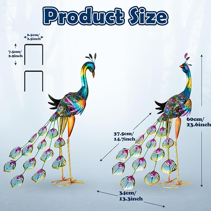 Peacock Garden Statues Metal Peacocks Sculptures for Outdoor Backyard Decor Patio Lawn Porch Yard Decoration (Pack of 2, Blue)
