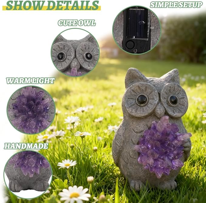 Solar Owl Light Statue Light Resin Figurine with Purple Stone Cluster & Solar Lamp, Indoor Outdoor Amethyst Crystal Home Decor, Spiritual Ornament for Crystal Enthusiasts & Garden Aesthetic Lovers