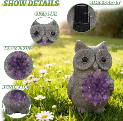 Solar Owl Light Statue Light Resin Figurine with Purple Stone Cluster & Solar Lamp, Indoor Outdoor Amethyst Crystal Home Decor, Spiritual Ornament for Crystal Enthusiasts & Garden Aesthetic Lovers
