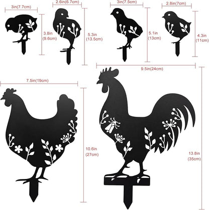 6Pcs Chicken Yard Art Garden Metal Statue Decor, Lifelike Rooster Hen Animals Stakes Outdoor Decorations, Black Hollow Out Chickens Family Silhouette Sets for Farmhouse Pathway Lawn