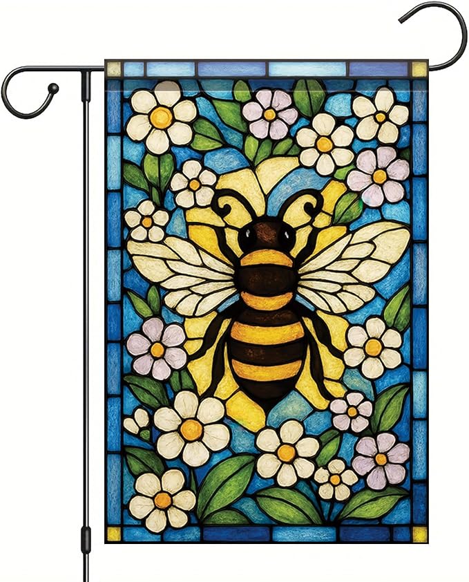 Spring Summer Garden Flag 12x18 Inch Stained Glass Bee Floral Art Nature Pollinator Design Outdoor Yard Porch Lawn Garden for Seasonal Cottage Farmhouse Home Decor