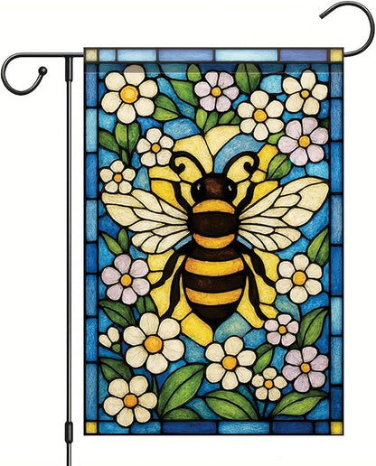 Spring Summer Garden Flag 12x18 Inch Stained Glass Bee Floral Art Nature Pollinator Design Outdoor Yard Porch Lawn Garden for Seasonal Cottage Farmhouse Home Decor