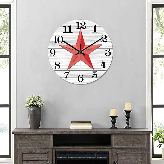 Retro Farmhouse Wall Clock Western Texas Star Vintage Retro Style Wood Clock Silent Non-Ticking Battery Operated Wooden Desk Clock for Living Room School Patio Home Accent 15 Inch