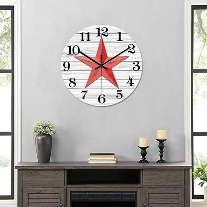Retro Farmhouse Wall Clock Western Texas Star Vintage Retro Style Wood Clock Silent Non-Ticking Battery Operated Wooden Desk Clock for Living Room School Patio Home Accent 15 Inch