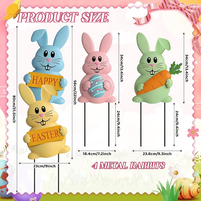 Qunclay Set of 4 Metal Easter Bunny Yard Signs Cute Rabbit Garden Stakes 13.4 Inch Colorful Bunny Yard Decorations in Pink Blue Yellow Green Easter Party Spring Outdoor Lawn Front Door Home Decor