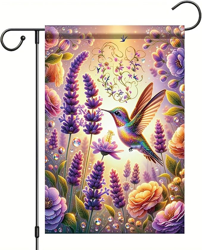 Hummingbird Garden Flag 12x18 Inch Double-Sided Floral Yard Banner Outdoor Spring Summer Decoration Colorful Lavender Flowers Butterflies Yard Outdoor Flag