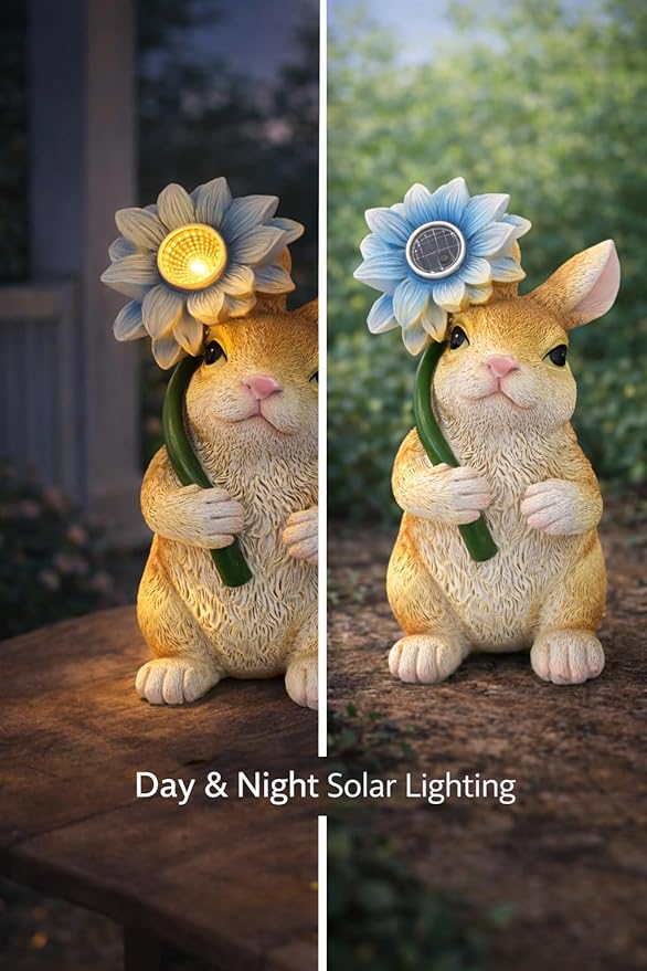 GoGnome Solar Rabbit Garden Statue with LED Flower – Hand-Painted Resin Bunny Figurine, Outdoor Solar Light Decor for Yard, Patio, Porch, Lawn (Rabbit)