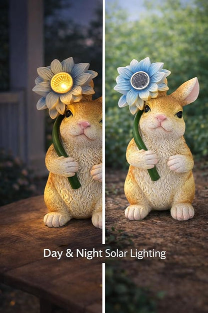 GoGnome Solar Rabbit Garden Statue with LED Flower – Hand-Painted Resin Bunny Figurine, Outdoor Solar Light Decor for Yard, Patio, Porch, Lawn (Rabbit)