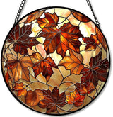 Round Colorful Maple Leaves Stained Glass Window Hanging Panel – Autumn Fall Suncatcher Wall Art for Home Window Decor and Gift