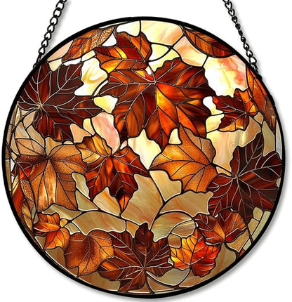 Round Colorful Maple Leaves Stained Glass Window Hanging Panel – Autumn Fall Suncatcher Wall Art for Home Window Decor and Gift