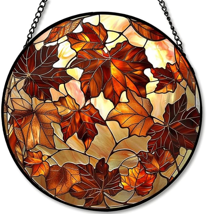Round Colorful Maple Leaves Stained Glass Window Hanging Panel – Autumn Fall Suncatcher Wall Art for Home Window Decor and Gift