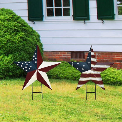 2set Metal Star Barn Yard Sign Garden Stake Decor for 4th of July Veterans Day, Patriotic US Flag Barn Star Yard Stake Outdoor Patio Lawn Decorations or Rustic Star Barn Ornament Wall Decor for House