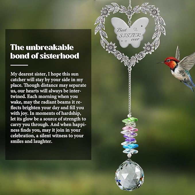 Suncatcher Gift for Sister Birthday, Best Sister Ever Crystal Hanging Ornament, Unique Sun Catcher for Indoor Windows, Heart Shaped Rainbow Maker