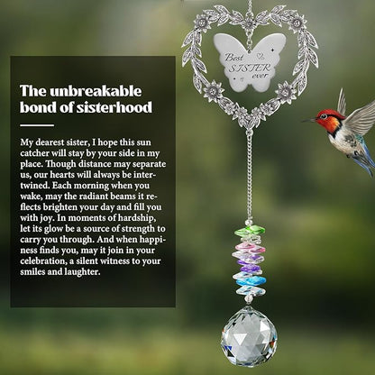 Suncatcher Gift for Sister Birthday, Best Sister Ever Crystal Hanging Ornament, Unique Sun Catcher for Indoor Windows, Heart Shaped Rainbow Maker