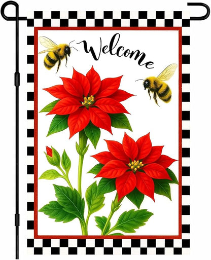 IVN Floral Welcome Garden Flag 12x18 Inch Double Sided Yard Flag Double Sided Bee Red Flowers Decorative Small Flags for Outside Seasonal Farmhouse Yard Outdoor Decoration Flags