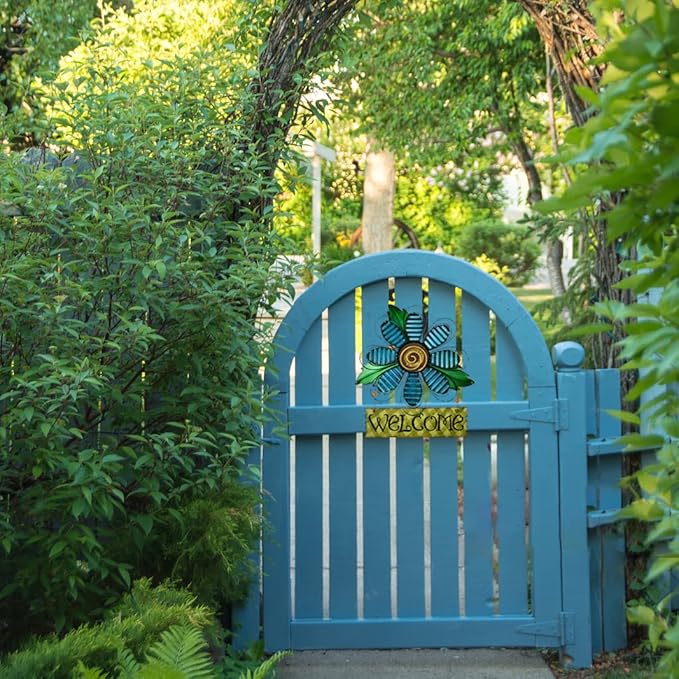 Metal Welcome Sign Daisy Hanging Signs for Front Door - Indoor Outdoor Door Decor Wall Art Flower Decoration Decorative Ornament Wreath for Home Garden Patio (Blue)