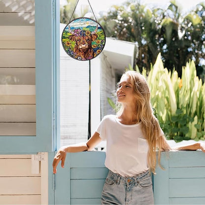 Flowers Highland Stained Glass Window Hanging Cow Sun Catcher Cowgirl Decor Highland Cow Gifts for Women Christmas Suncatchers for Home Windows Hanging Decoration, 7.87inch