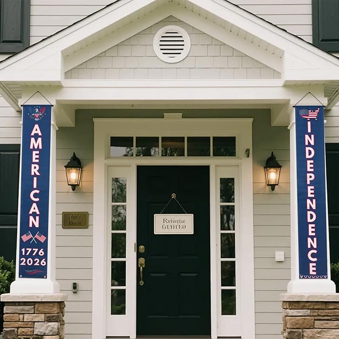 250th Independence Anniversary Banner Set, Vertical Patriotic Hanging Banners, Red White Blue, Polyester, 30 x 180cm, 4th of July Decorations, Wall Porch Door Decor, 1776-2026