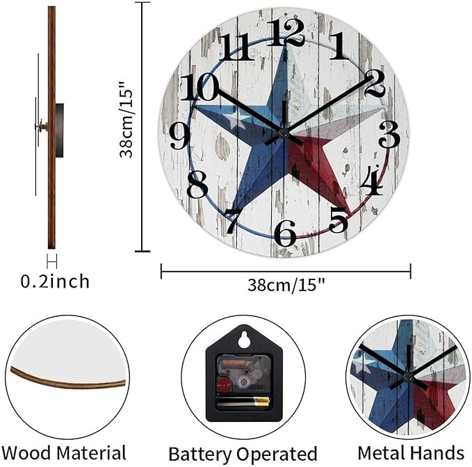 15 Inch Round Wall Clock Western Texas Star Decorative Wall Clock Retro Wood Clock Non-ticking Battery Operated Quiet Easy to Read Vintage Desk Clock for Living Room Farmhouse School Home Decor