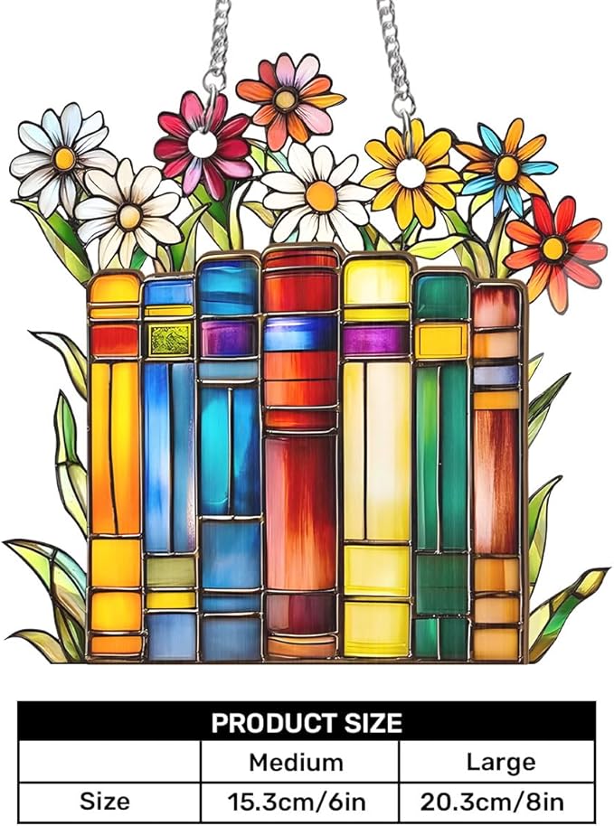 Jesuspirit - Window Hanging Suncatcher – Crystal Clear Acrylic & Wood Sun Catcher for Home Decor, for Women (Flower Book Library Decor, 8 Inches)