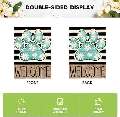 AVOIN colorlife Blue Paw Print Spring Garden Flag 12x18 Inch Double Sided Outside, Daisy Floral Welcome Stripes Yard Outdoor Flag