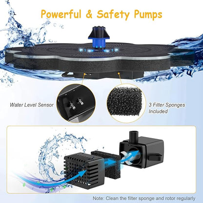Solar Fountain, Upgrade Lucky Flower 3.5W Solar Bird Bath Water Fountain with Lights, and 2000mAh Battery, Solar Powered Hummingbird Fountain Pump with 7 Nozzles, 4 Fixed Pipes for Garden