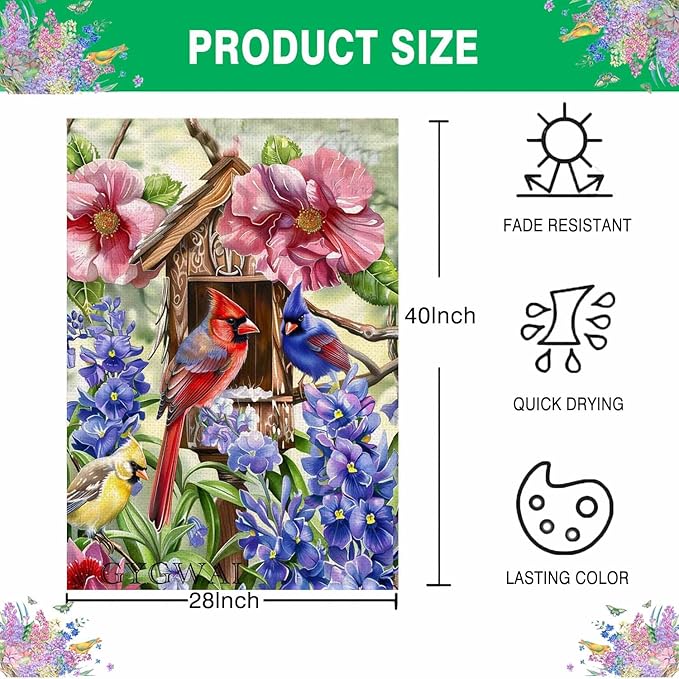Spring Cardinal Bird House Flag 28x40 Inch Double Sided for Outside, Colorful Floral Large Burlap Yard Flag for Farmhouse Holiday Outside Outdoor Decorations