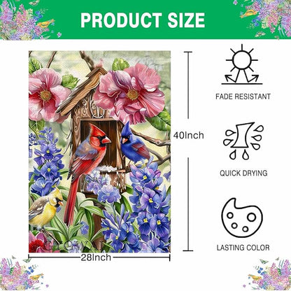 Spring Cardinal Bird House Flag 28x40 Inch Double Sided for Outside, Colorful Floral Large Burlap Yard Flag for Farmhouse Holiday Outside Outdoor Decorations